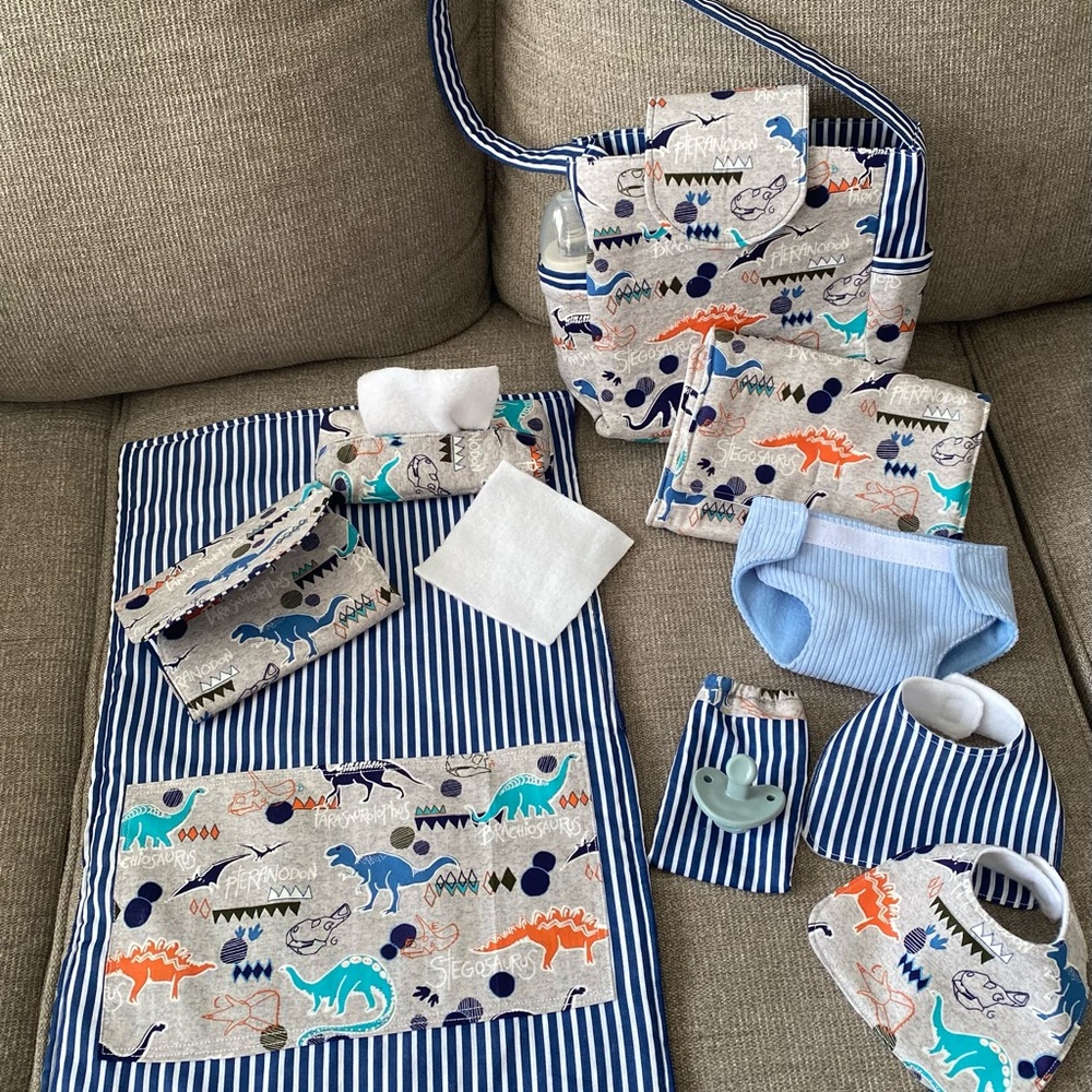 Baby doll diaper bag complete set - Blue and Gray